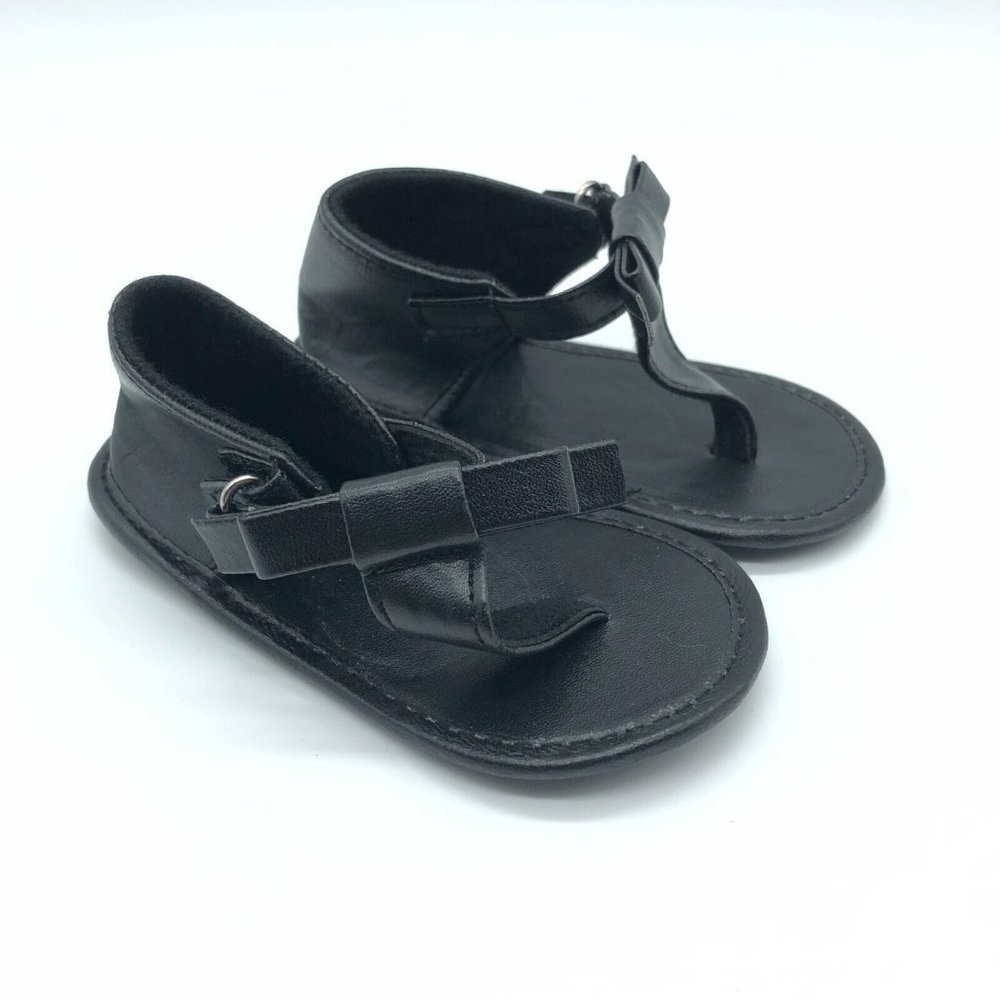 Baby Girls Sandals Soft Sole Faux Leather Hook & Loop Black Size 3